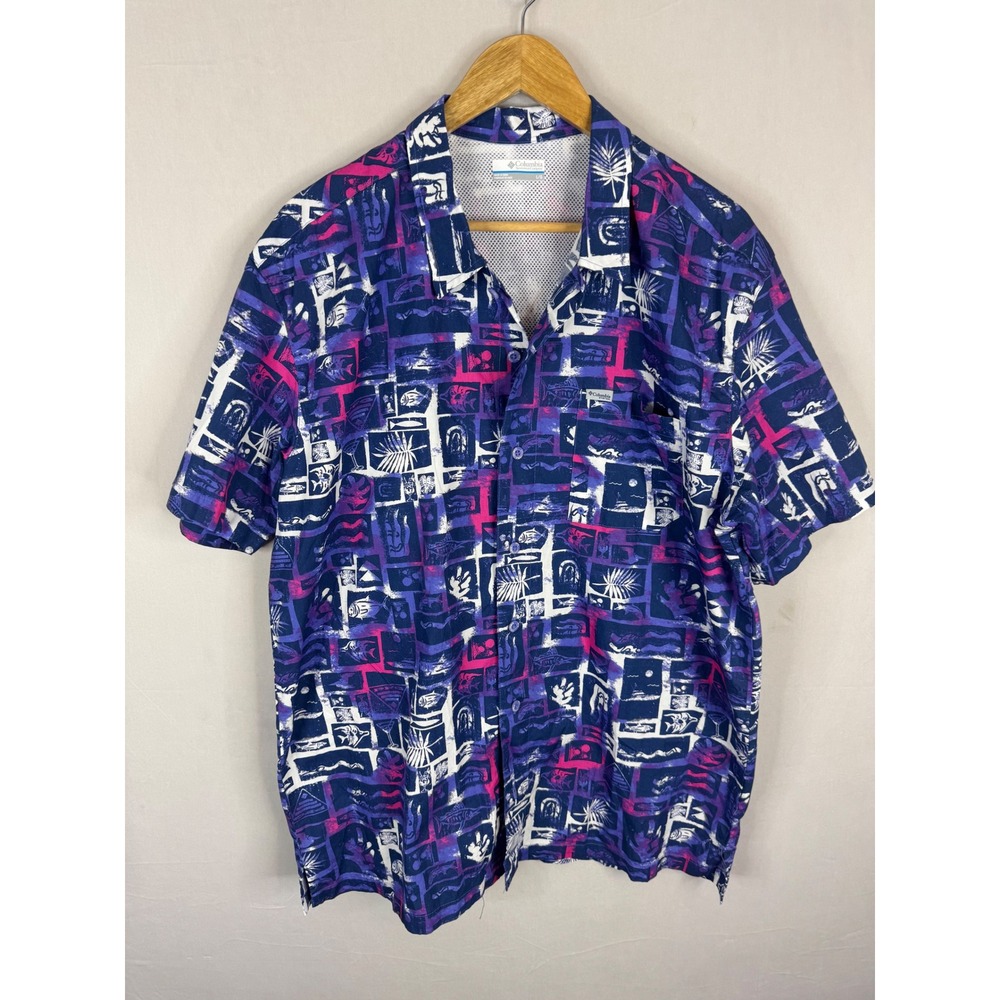 Columbia PFG Mens Large Purple Pink Abstract Tropical Fishing Shirt Short Sleeve